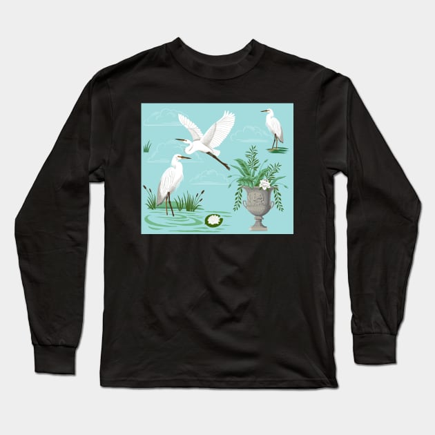 E is for Egret—blue Long Sleeve T-Shirt by Ruby Ritz